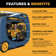 FIRMAN Power Equipment Dual Fuel Inverter Portable Generator 4125/3300W Electric Start with CO ALERT