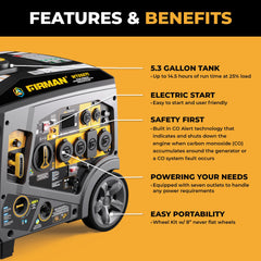 FIRMAN Power Equipment Tri Fuel Inverter Portable Generator 6850W Electric Start With CO Alert