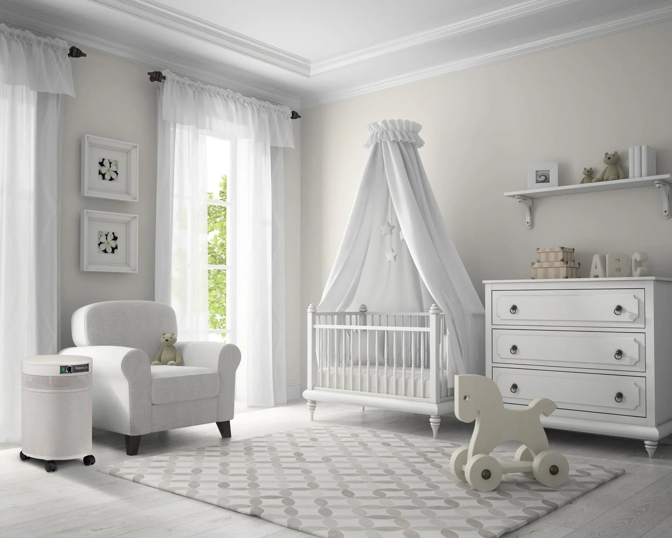 BreatheSmart air purifier in a modern nursery, near crib and armchair, enhancing clean air
