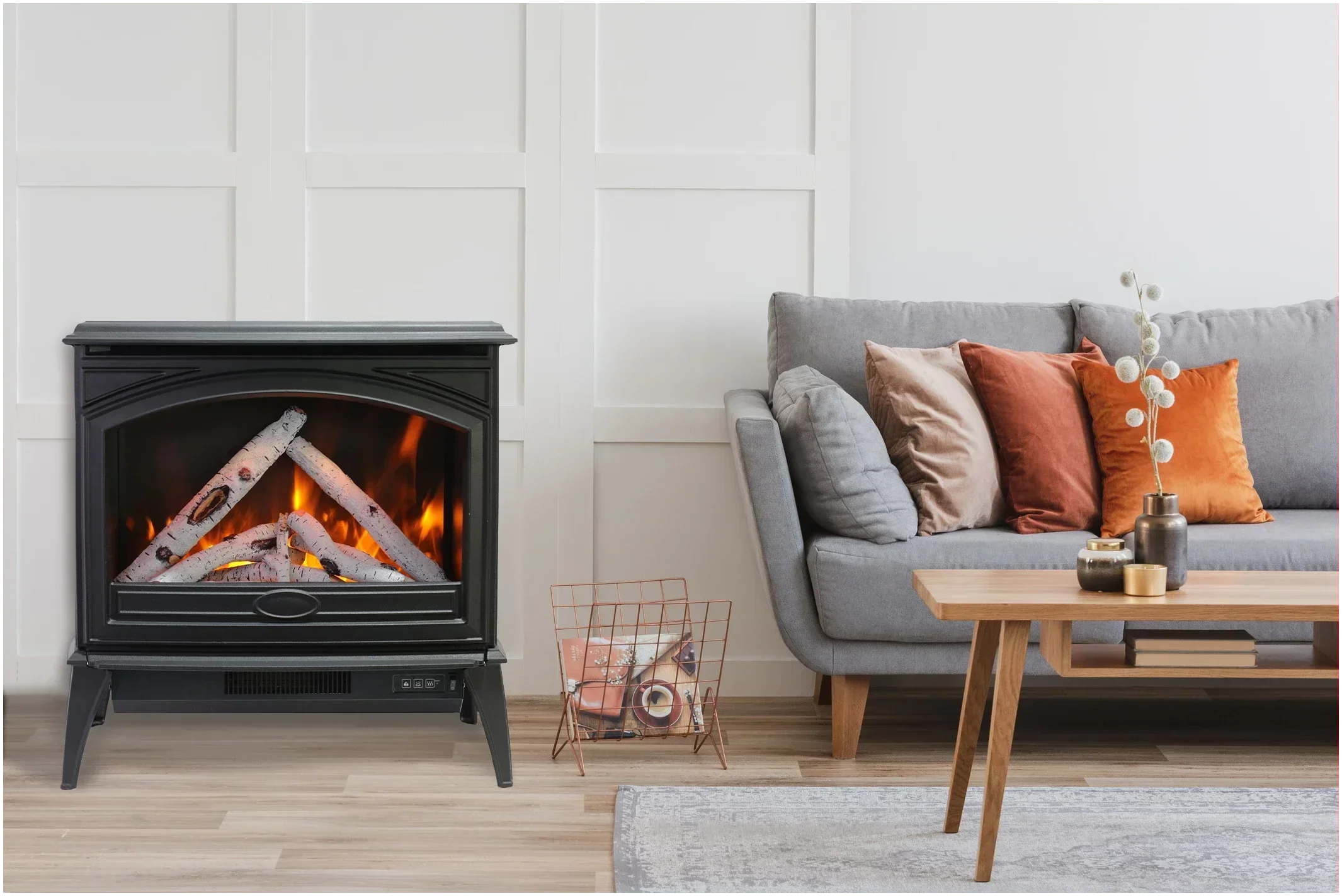 Amantii E50-NA Lynwood Series - 50 cm Freestand Electric Stove Featuring a Cast Iron Frame and a 10 Piece Birch Log Set - Green Vista Living