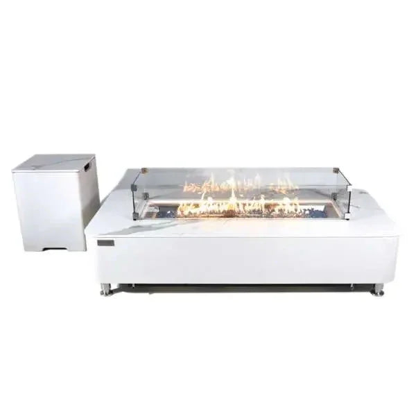 Elementi Plus Athens 62" Marble Porcelain Top Fire Table - Bianco White - Green Vista Living