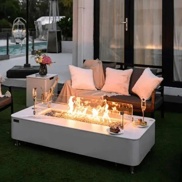 Elementi Plus Athens 62" Marble Porcelain Top Fire Table - Bianco White - Green Vista Living