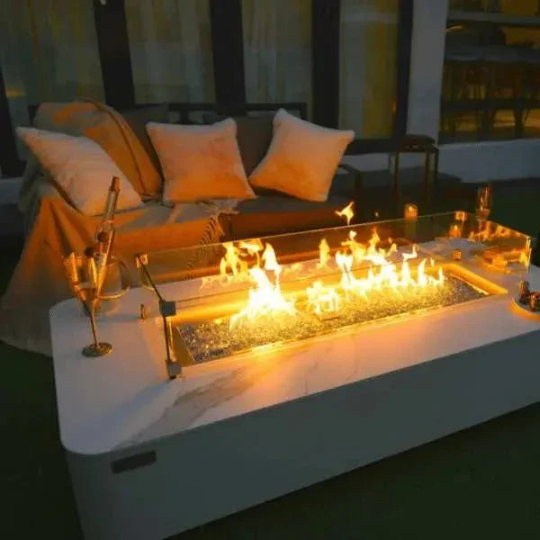 Elementi Plus Athens 62" Marble Porcelain Top Fire Table - Bianco White - Green Vista Living