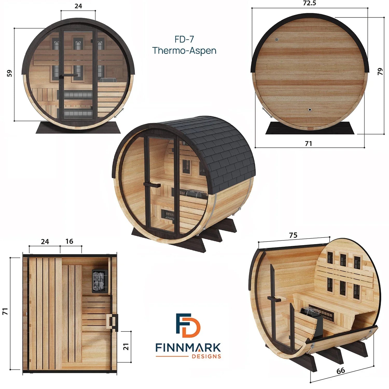 Finnmark Thermo-Aspen Combination Barrel Sauna FD-7 - Green Vista Living