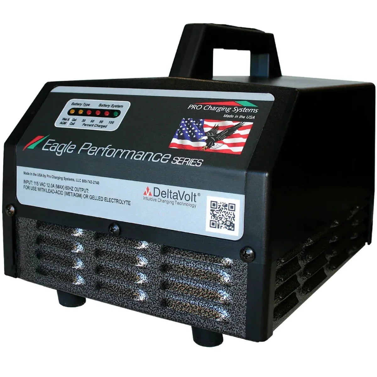DeltaVolt Eagle Performance Series battery charger with handle and LED indicator lights