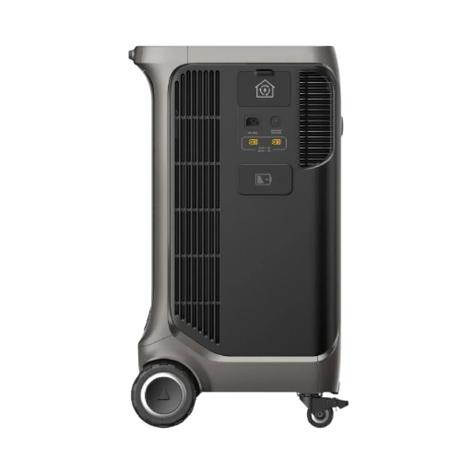 EcoFlow portable solar generator with wheels, side view, black and gray design