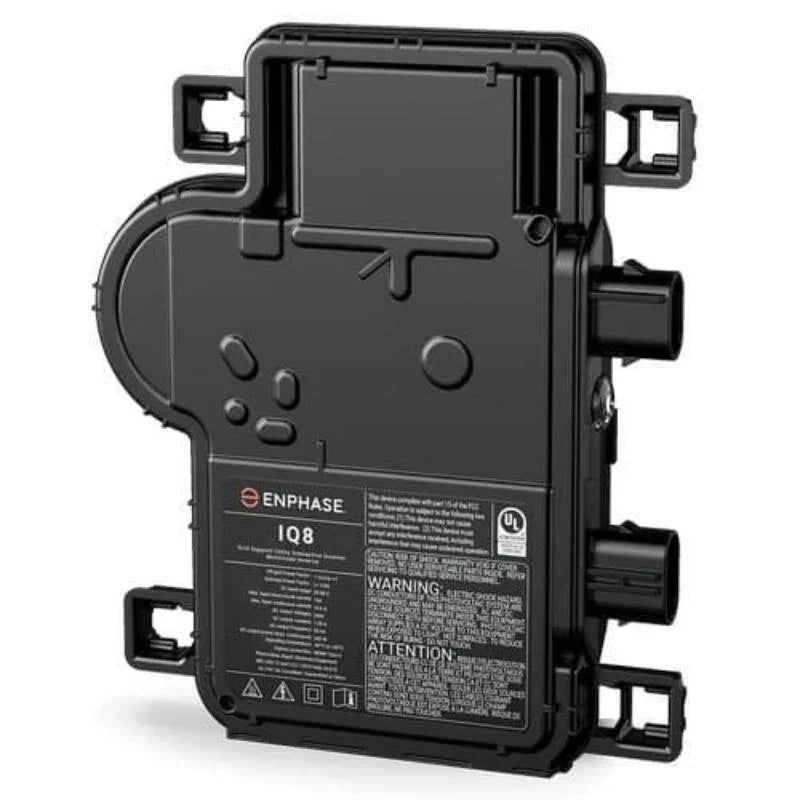 Enphase IQ8 microinverter black rectangular solar inverter with connectors and label