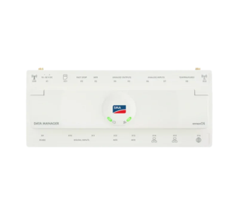 SMA Data Manager white front panel with ports and LED indicators for solar inverter systems