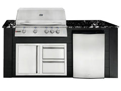 RCS 4-Burner 6-Foot Gas Grill Island with Rear Infrared Burner, Refrigerator, Access Door, Black Cabinet & Black Granite Countertop