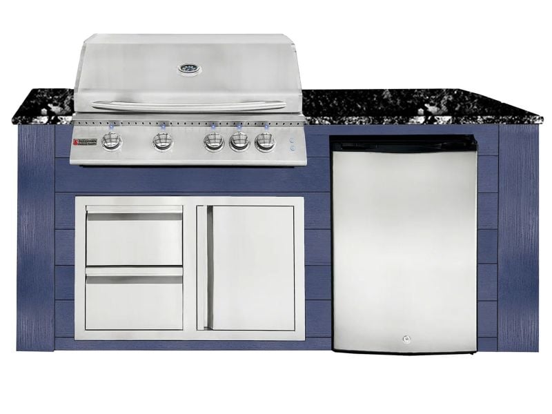 RCS 4-Burner 6-Foot Gas Grill Island with Rear Infrared Burner, Refrigerator, Access Door, Blue Cabinet & Black Granite Countertop