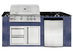 RCS 4-Burner 6-Foot Gas Grill Island with Rear Infrared Burner, Refrigerator, Access Door, Blue Cabinet & Black Granite Countertop
