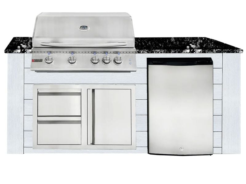 RCS 4-Burner 6-Foot Gas Grill Island with Rear Infrared Burner, Refrigerator, Access Door, White Cabinet & Black Granite Countertop