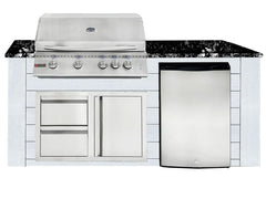 RCS 4-Burner 6-Foot Gas Grill Island with Rear Infrared Burner, Refrigerator, Access Door, White Cabinet & Black Granite Countertop