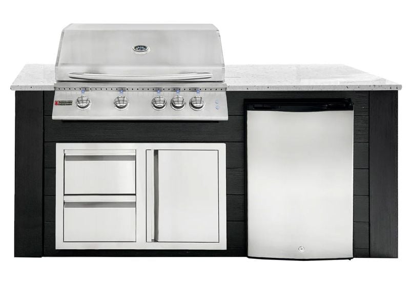 RCS 4-Burner 6-Foot Gas Grill Island with Rear Infrared Burner, Refrigerator, Access Door, Black Cabinet & White Granite Countertop