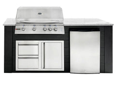 RCS 4-Burner 6-Foot Gas Grill Island with Rear Infrared Burner, Refrigerator, Access Door, Black Cabinet & White Granite Countertop