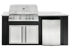 RCS 4-Burner 6-Foot Gas Grill Island with Rear Infrared Burner, Refrigerator, Access Door, Black Cabinet & White Granite Countertop