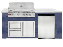 RCS 4-Burner 6-Foot Gas Grill Island with Rear Infrared Burner, Refrigerator, Access Door, Blue Cabinet & White Granite Countertop