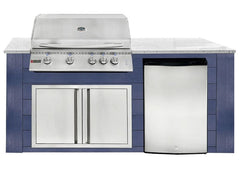 RCS 4-Burner 6-Foot Gas Grill Island with Rear Infrared Burner, Refrigerator, Access Door, Blue Cabinet & White Granite Countertop