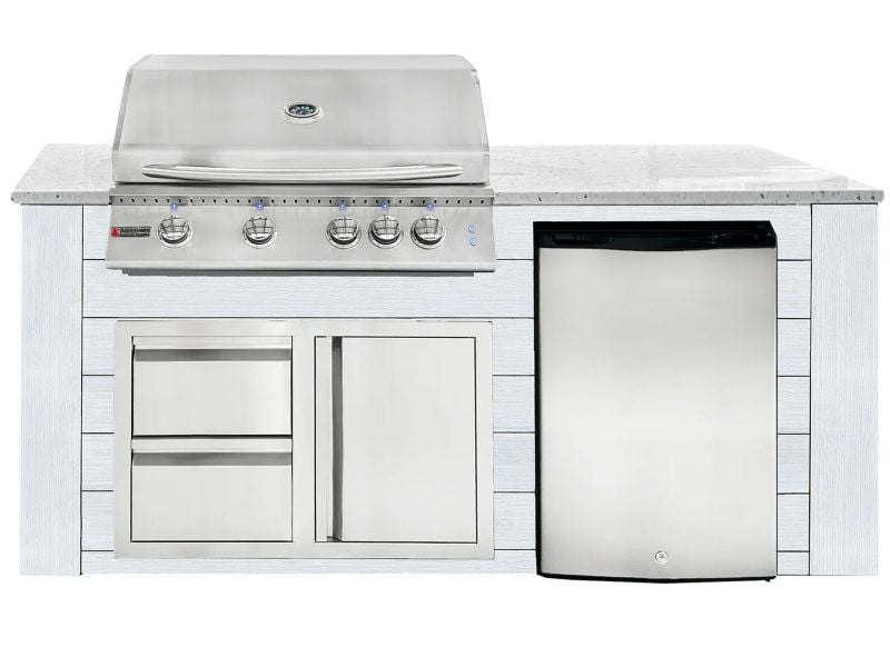 RCS 4-Burner 6-Foot Gas Grill Island with Rear Infrared Burner, Refrigerator, Access Door, White Cabinet & White Granite Countertop