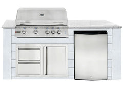 RCS 4-Burner 6-Foot Gas Grill Island with Rear Infrared Burner, Refrigerator, Access Door, White Cabinet & White Granite Countertop