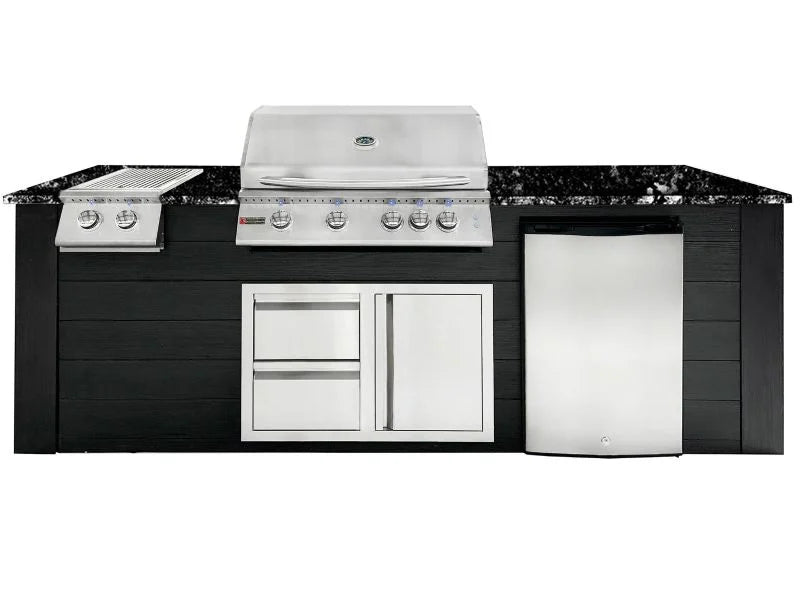 RCS 4-Burner 8-Foot Gas Grill Island with Rear Infrared Burner, Refrigerator, Double Side Burner, Access Door, Black Cabinet & Black Granite Countertop