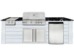 RCS 4-Burner 8-Foot Gas Grill Island with Rear Infrared Burner, Refrigerator, Double Side Burner, Access Door, White Cabinet & Black Granite Countertop