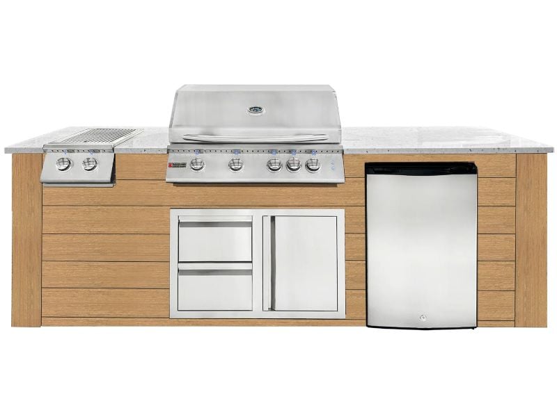 RCS 4-Burner 8-Foot Gas Grill Island with Rear Infrared Burner, Refrigerator, Double Side Burner, Access Door, Cedar Cabinet & White Granite Countertop